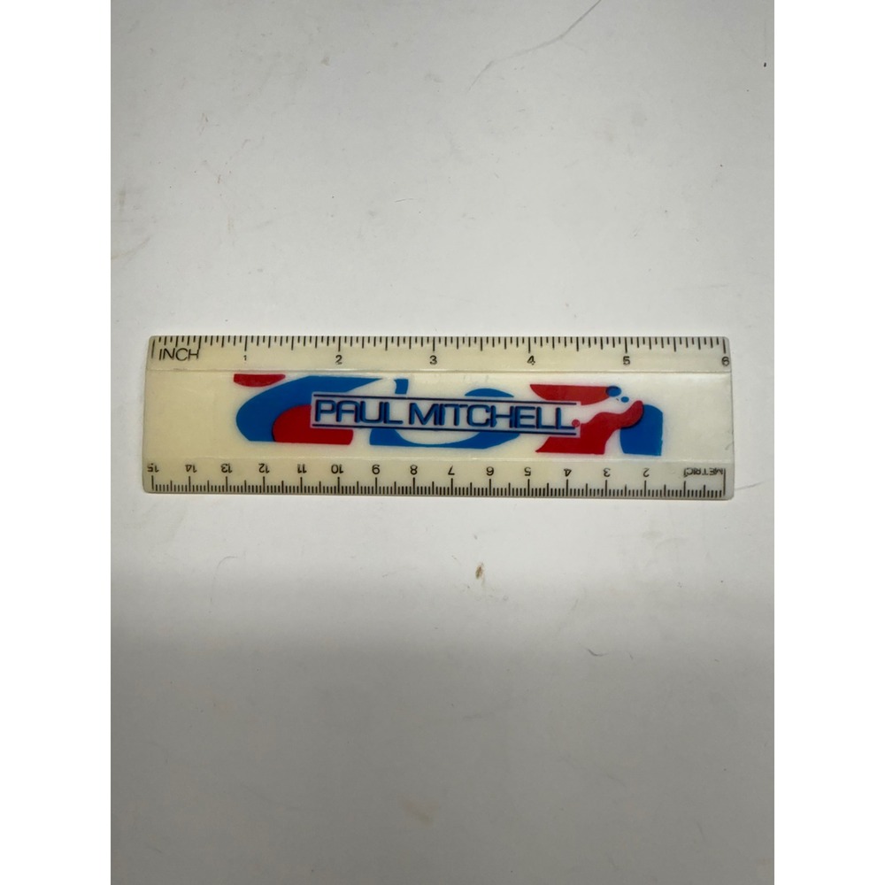 Vintage Paul Mitchell 6 Inch Plastic Ruler White Blue Red Logo Metric Imperial